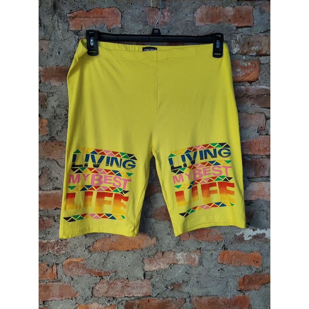 On Fire Womens Biker Shorts Size 2X Yellow Graphic Living My Best Life Stretch